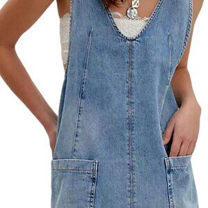 Women's Denim Overall Dress V Neck Adjustable Straps Pockets Summer Mini